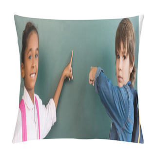 Personality  Panoramic Shot Of Multiethnic Schoolchildren With Backpacks Pointing At Chalkboard   Pillow Covers