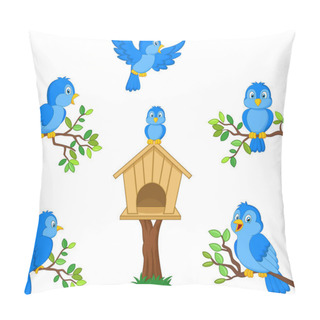 Personality  Vector Illustration Of Set Of Cartoon Blue Bird On White Background Pillow Covers