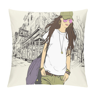 Personality  Sexy Fashion Girl In Sketch Style On A Street-cafe Background. Vector Illustrator. Pillow Covers