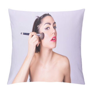 Personality  Closeup Of Young Hispanic Woman Applying Makeup Pillow Covers