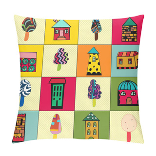 Personality  Pattern With Cartoon Houses And Trees. Pillow Covers