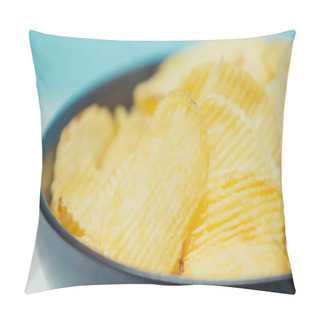 Personality  Close Up View Of Crunchy And Rippled Potato Chips In Bowl On Blue Pillow Covers