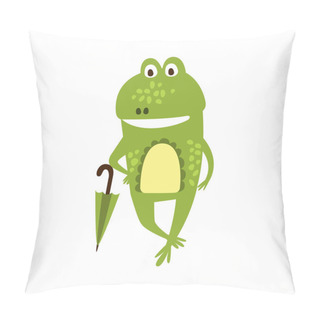 Personality  Frog With Umbrella Flat Cartoon Green Friendly Reptile Animal Character Drawing Pillow Covers