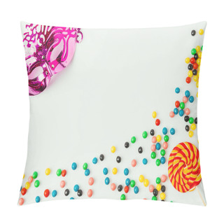 Personality  Flat Lay With Arranged Masquerade Mask, Lollipop And Sweets Isolated On White Pillow Covers