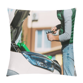 Personality  Cropped Shot Of Man Holding Wrench And Fixing Broken Car Pillow Covers