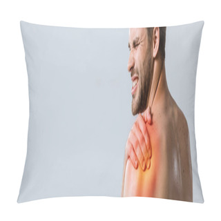 Personality  Panoramic Shot Of Shirtless Sportsman With Shoulder Pain Isolated On Grey Pillow Covers