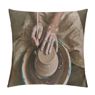 Personality  Partial View Of Professional Potter Decorating Clay Pot At Workshop Pillow Covers