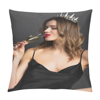 Personality  Joyful Young Woman In Black Slip Dress And Tiara Holding Glass And Drinking Champagne On Grey Pillow Covers