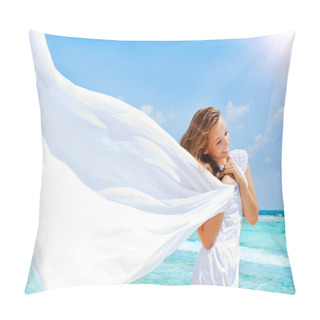 Personality  Beautiful Girl With White Scarf On The Beach Pillow Covers