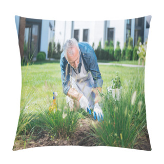 Personality  Bearded Man Wearing White Gloves Using Little Hoe While Grubbing The Weeds Up Pillow Covers