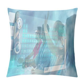 Personality  Digitally Generated Image Of Various Icons With College Students During Lecture In Classroom Pillow Covers