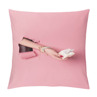 Personality  Cropped View Of Young Woman Holding Present Pink Background With Hole  Pillow Covers