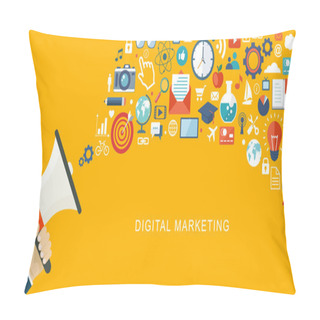Personality  Digital Marketiing Flat Illustartion. Hand With Speaker And Icon Pillow Covers