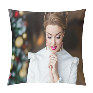 Personality  Portrait Of A Beautiful Blonde Girl In A White Blouse With Your Eyes Closed Pillow Covers