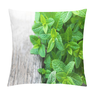 Personality  Fresh Mint Leaves On Wooden Background Pillow Covers