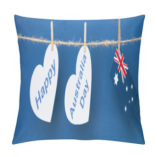 Personality  Panoramic Shot Of Rope, Clothespins And Heart-shaped Papers With Happy Near Australia Day Lettering And Flag On Blue Pillow Covers