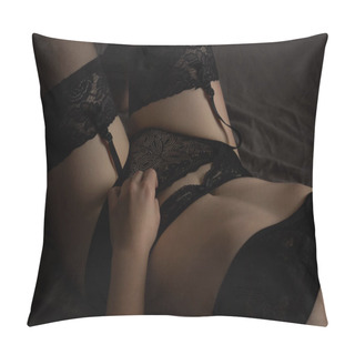 Personality  A Girl In Black Underwear With Suspenders Lies On Her Back. Pillow Covers