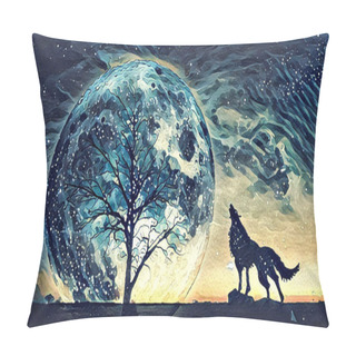 Personality  Fantasy Landscape Illustration Artwork - Howling Wolf And Bare Tree Silhouettes With Huge Planet Rising Behind In Starry Sky Pillow Covers