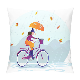 Personality  Young Woman With Umbrella Rides A Bike Under The Rain Illustration. Windy And Rainy Day And Young Woman With Umbrella Rides A Bike Pillow Covers