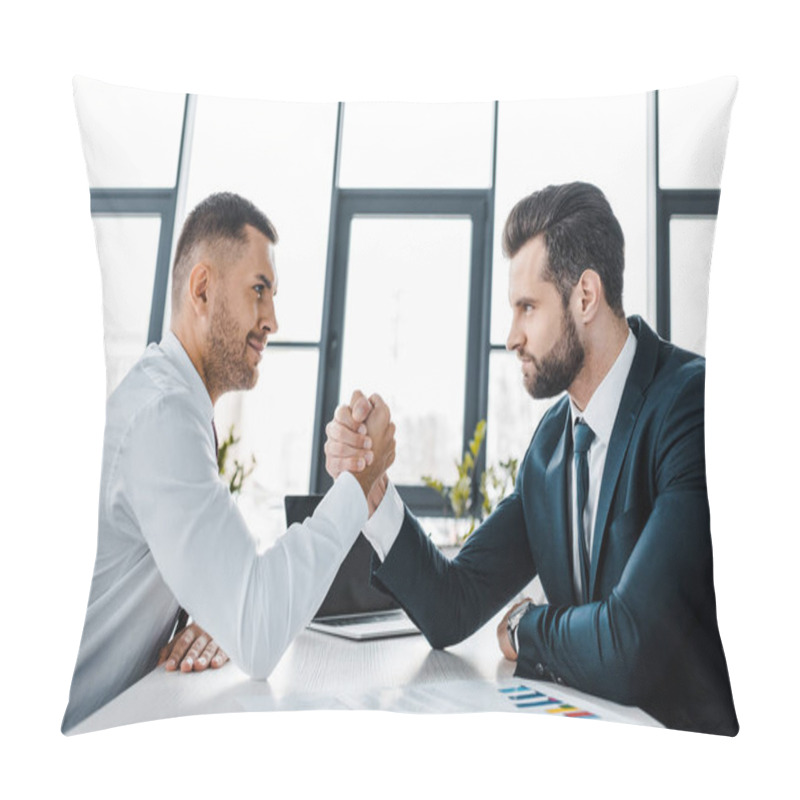 Personality  Handsome Businessmen Competing Arm Wrestling In Modern Office  Pillow Covers
