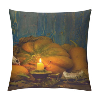 Personality  Pumpkins And Skulls Of Animals At Dusk Lit Candle Pillow Covers