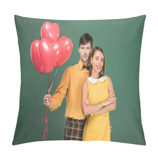 Personality  Beautiful Couple With Heart Shaped Balloons Looking At Camera Isolated On Green Pillow Covers