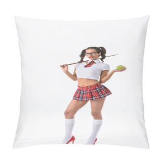 Personality  Young Sexy Schoolgirl With Wooden Pointer And Apple Isolated On White Pillow Covers
