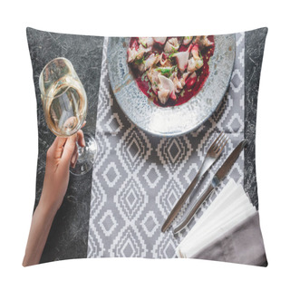 Personality  Cropped Shot Of Person Holding Glass Of Wine And Eating Gourmet Ceviche With Dorado  Pillow Covers