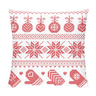 Personality  Scandinavian Nordic Seamless Christmas Pattern With Xmas Baubles, Gloves, Stars, Snowflakes, Xmas Ornaments, Snow Element, Hearts In Red Cross Stitch Pillow Covers