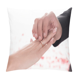 Personality  Cropped Image Of Boyfriend Wearing Ring On Girlfriends Finger Isolated On White, Valentines Day Concept Pillow Covers