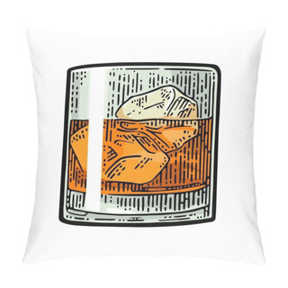 Personality  Whiskey Glass With Ice Cubes. Vector Vintage Color Engraving Pillow Covers