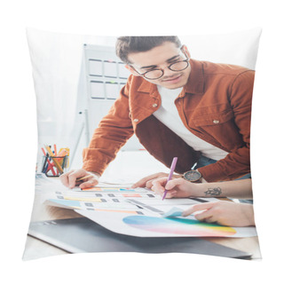 Personality  Designer Looking At Colleague With Framework Layouts Of User Experience Design On Table Pillow Covers