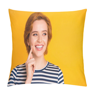 Personality  Close-up Portrait Of Her She Nice-looking Lovely Pretty Charming Attractive Cheerful Cheery Girl Touching Cheek Looking Aside Isolated Over Bright Vivid Shine Yellow Background Pillow Covers