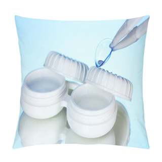 Personality  Contact Lenses In Containers And Tweezers On Blue Background Pillow Covers