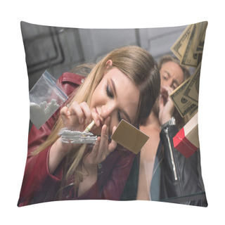 Personality  Bottom View Through Glass Table Of Young Junkies Couple Sniffing Cocaine Pillow Covers