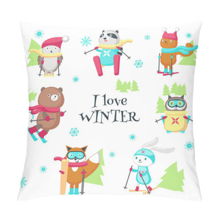 Personality  Cute Animals Skiing In Winter Vector Isolated Illustration Pillow Covers
