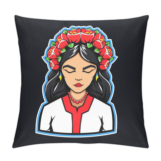 Personality  Ukrainian Girl In A Wreath Of Poppies And National Dress. Logo, Sticker, Design Element.Vector Graphics Pillow Covers