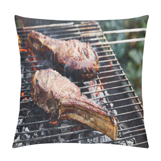 Personality  Tasty Meat Grilling On Barbecue Grid And Coal Pieces Outside  Pillow Covers
