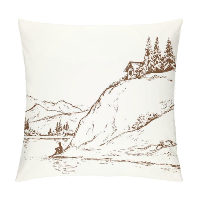 Personality  Wood pine hut on high riverside cliff. Sad calm lone young girl on space for text on white sky. Wild spring Alpine waterfront pond scenic view picture in art vintage hand drawn black ink graphic style pillow covers