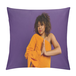 Personality  Stylish African American Woman Posing In Orange Top Against Vibrant Purple Backdrop. Pillow Covers