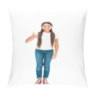 Personality  Happy Kid In Blue Jeans Showing Thumb Up Isolated On White  Pillow Covers