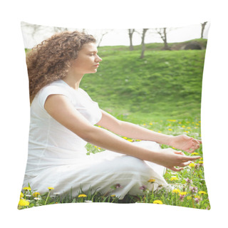 Personality  Young Girl In Lotus Pose In The Vild Flower Field  Pillow Covers