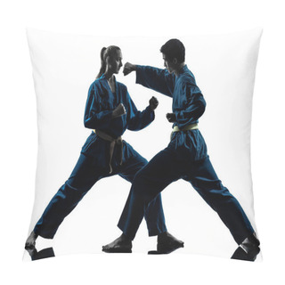 Personality  One  Man Woman Couple Exercising Karate Vietvodao Martial Arts In Silhouette Studio Isolated On White Background Pillow Covers