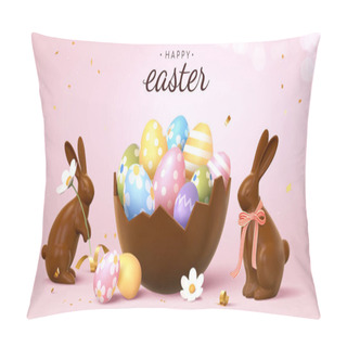 Personality  3d Easter Banner With Beautiful Painted Eggs In Broken Chocolate Eggshell. Concept Of Easter Egg Hunt Or Surprise Gifts. Pillow Covers