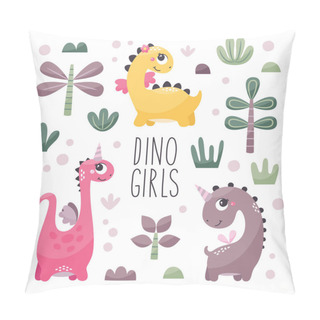 Personality  Cute Vector Set With Dinosaur Girls With Plants, Trees, Bushes, Stones In Trendy Colors Pillow Covers