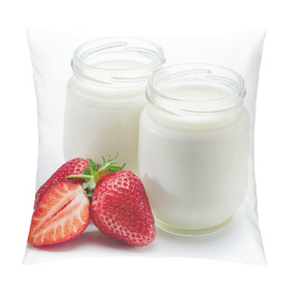 Personality  Two Jars Of Homemade Organic Yoghurt And Fresh Strawberries Near Them On White Background. Pillow Covers