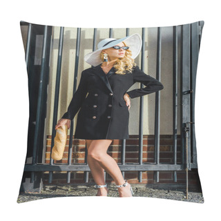 Personality  Beautiful Young Woman In Stylish Jacket And Hat Standing In Front Of Fence With Baguette Pillow Covers