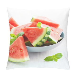 Personality  Triangular Slices Of Fresh Watermelon On White Wooden Background Pillow Covers