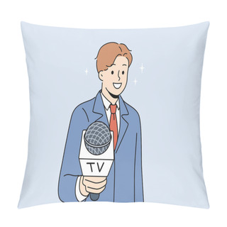 Personality  Male Journalist With Microphone In Hands Interview Audience. Man Reporter Or Host Stretch Mic To Camera. Journalism And Broadcast. Vector Illustration.  Pillow Covers