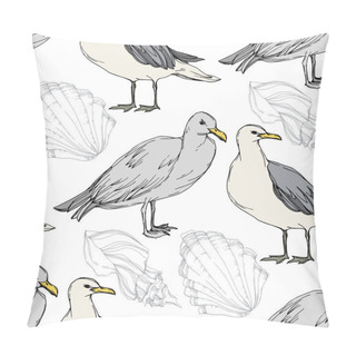 Personality  Sky Bird Seagull In A Wildlife. Black And White Engraved Ink Art. Seamless Background Pattern. Pillow Covers